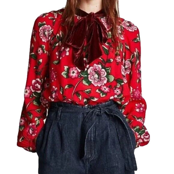 Zara Red Floral Long Sleeve Blouse with Velvet Neck Ties Sz XS - Picture 1 of 7